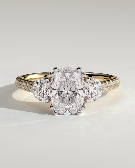 Meghan - Elongated Cushion Double Claw Trilogy with Round Side Stones, Pave Band and Cathedral Setting Engagement Ring - Yellow Two-Tone