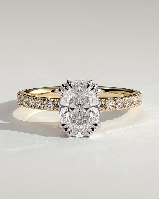 Mandy - Elongated Cushion Triple Claw Solitaire with Pave Band Engagement Ring - Yellow Two-Tone