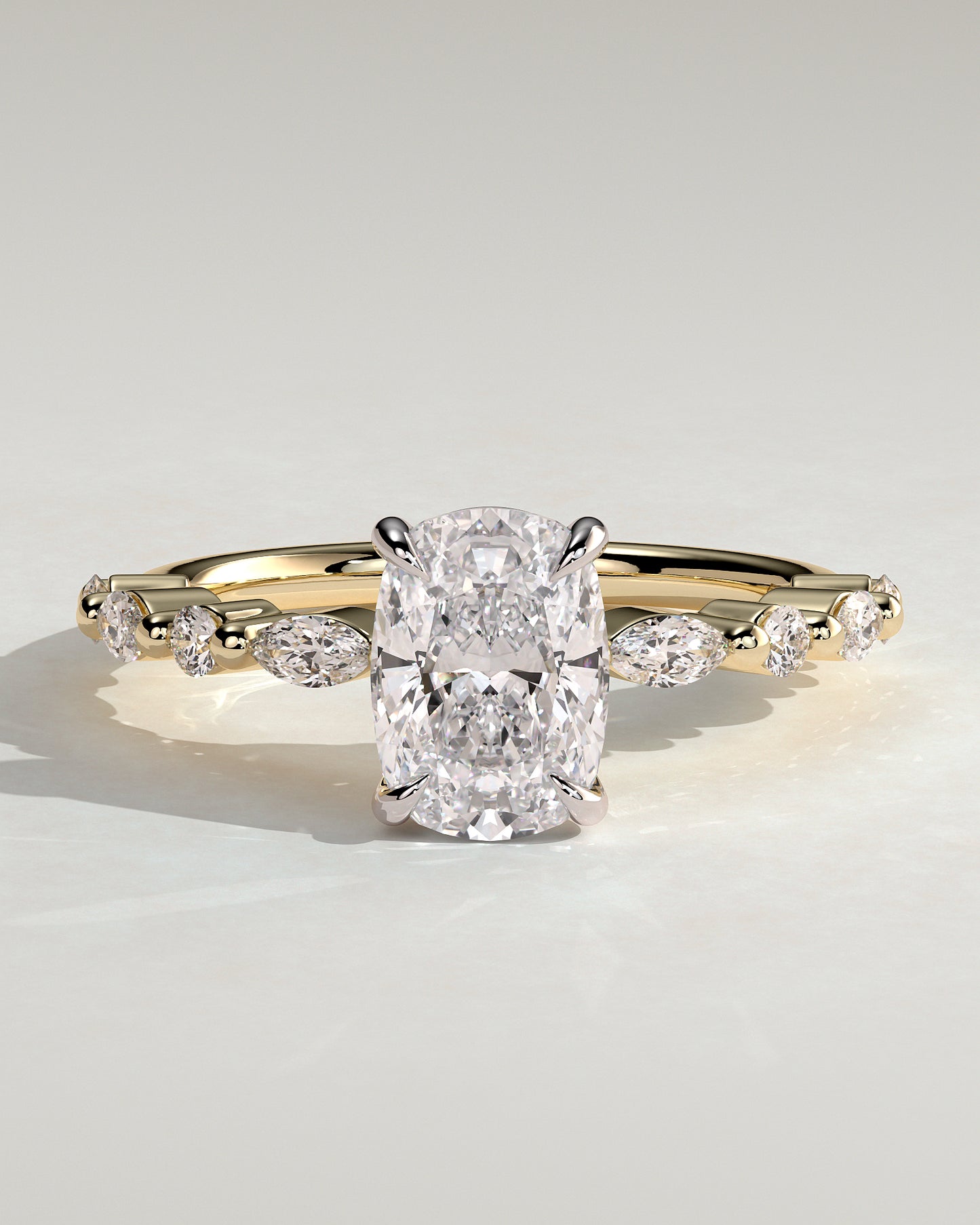Delphine - Elongated Cushion Claw Solitaire with Marquise and Round Accent Stones Engagement Ring - Yellow Two-Tone - Yellow Two-Tone 2ct