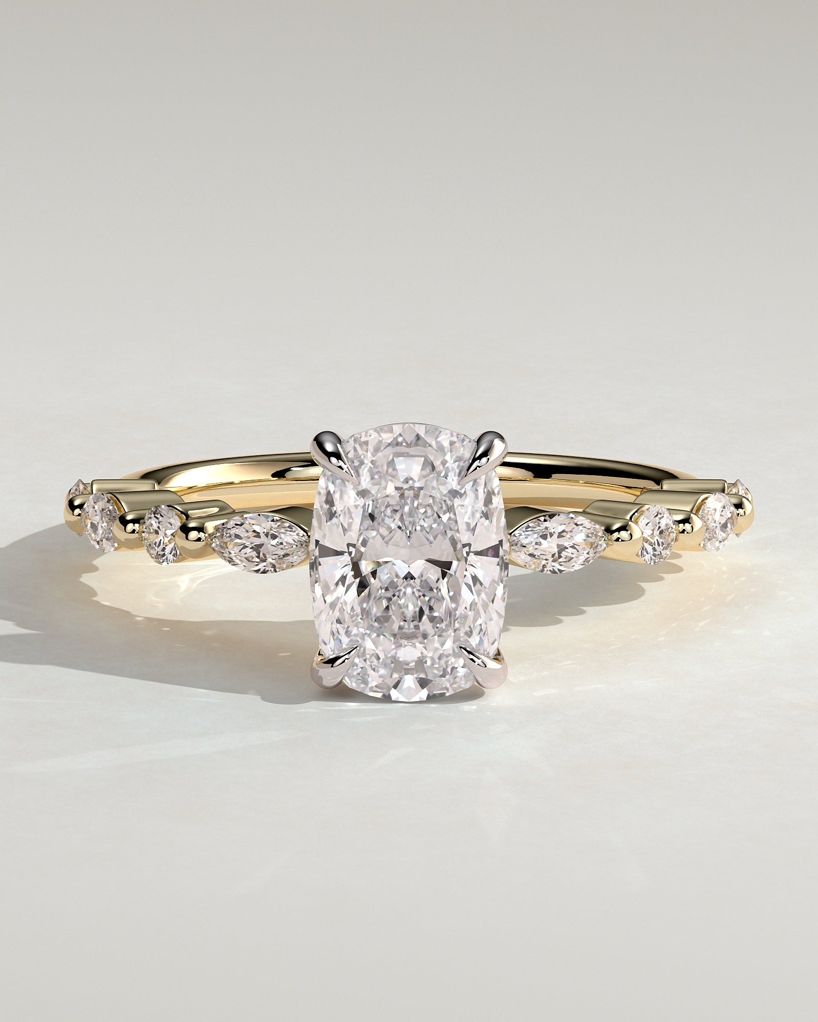 Delphine - Elongated Cushion Claw Solitaire with Marquise and Round Accent Stones Engagement Ring - Yellow Two-Tone - Yellow Two-Tone 2ct