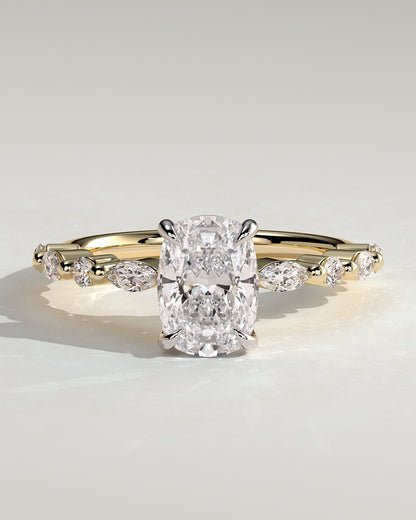 Delphine - Elongated Cushion Claw Solitaire with Marquise and Round Accent Stones Engagement Ring - Yellow Two-Tone