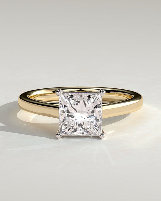 Lilith - Princess Claw Solitaire with Flat Band and Cathedral High Setting Engagement Ring - Yellow Two-Tone