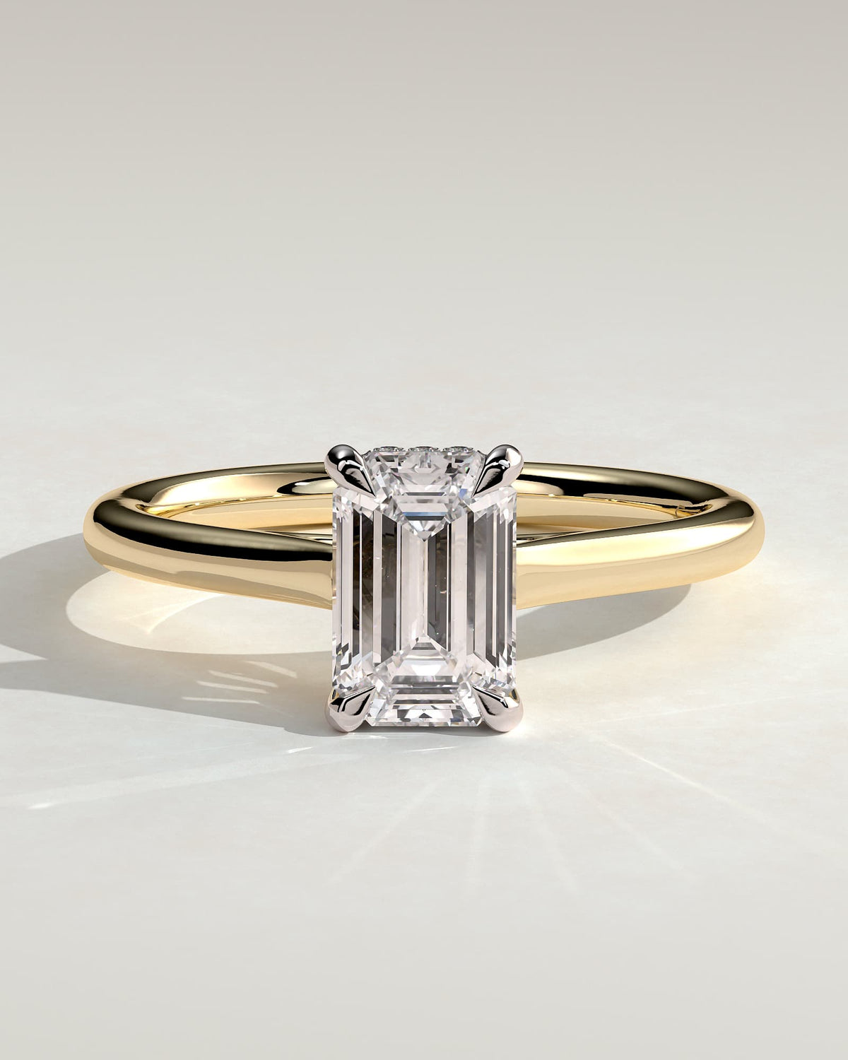 Jane - Emerald Claw Solitaire with Hidden Halo and Cathedral High Setting Engagement Ring - Yellow Two-Tone