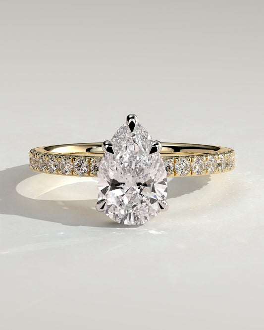Jordanna - Pear Claw Solitaire with Wrap Around Hidden Halo and Pave Band Engagement Ring - Yellow Two-Tone