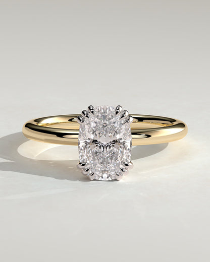 Helena - Elongated Cushion Triple Claw Solitaire Engagement Ring - Yellow Two-Tone