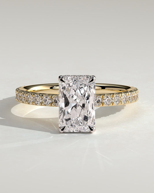 Thea - Radiant Claw Solitaire with Hidden Halo and Pave Band Engagement Ring - Yellow Two-Tone