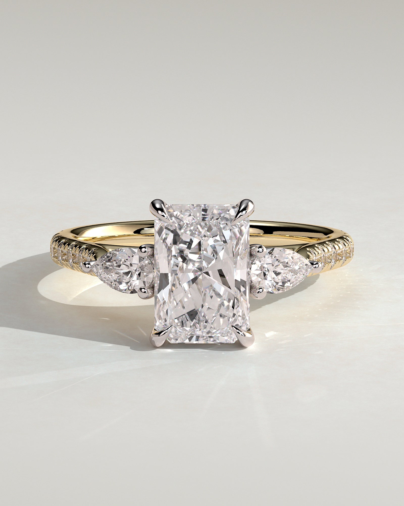 Ginny - Radiant Claw Trilogy with Pear Side Stones and Pave Band Engagement Ring - Yellow Two-Tone - Yellow Two-Tone 2ct