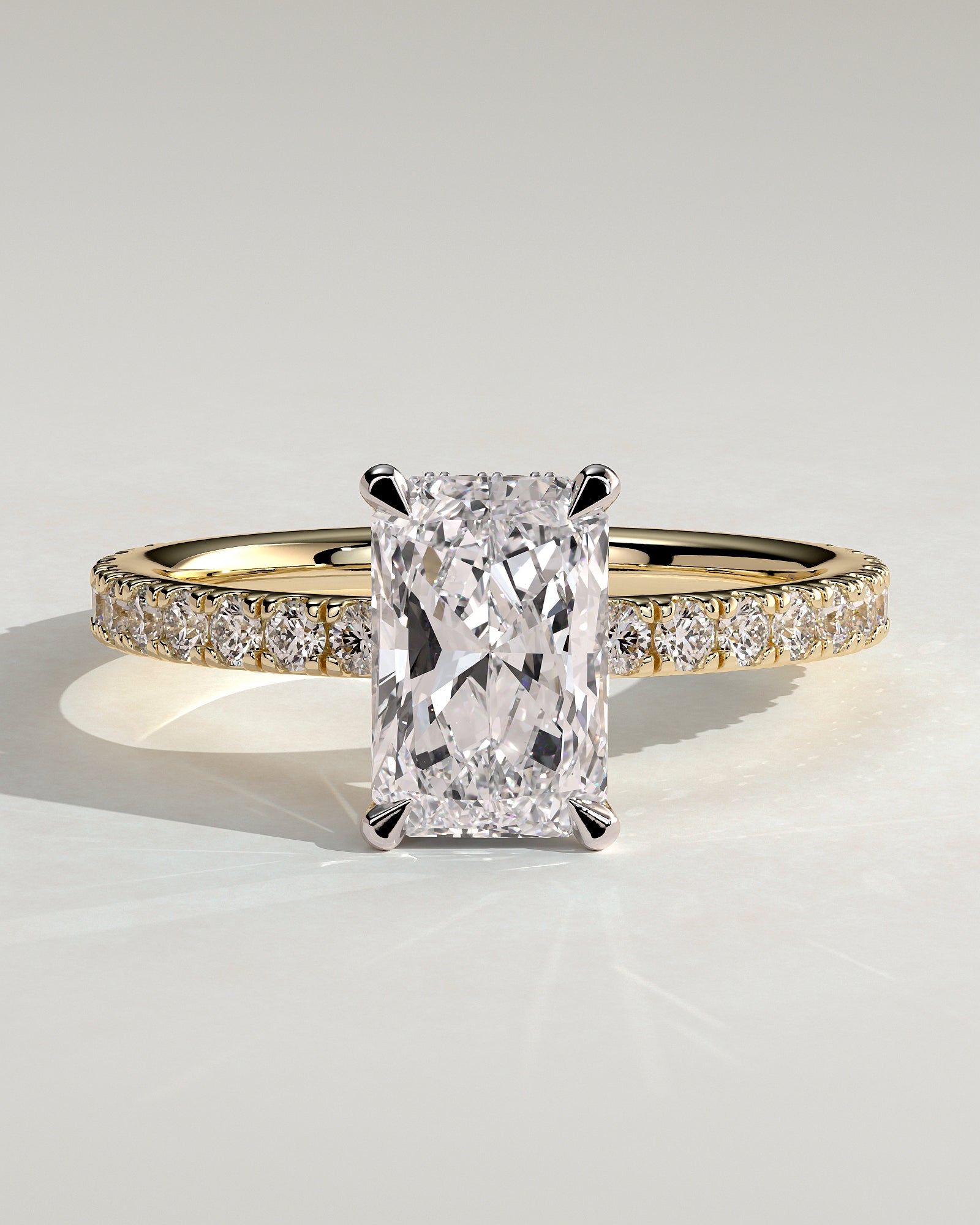 Ellie - Radiant Claw Solitaire with Wrap Around Hidden Halo and Pave Band Engagement Ring - Yellow Two-Tone - Yellow Two-Tone 2ct
