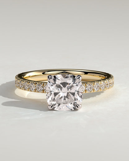 Claudia - Cushion Claw Solitaire with Hidden Halo and Pave Band Engagement Ring - Yellow Two-Tone