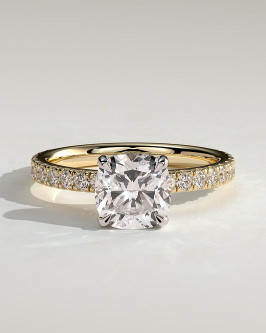 Claudia - Cushion Claw Solitaire with Hidden Halo and Pave Band Engagement Ring - Yellow Two-Tone