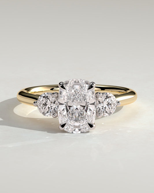 Charmaine - Elongated Cushion Claw Trilogy with Round Side Stones and Lily Detail Engagement Ring - Yellow Two-Tone