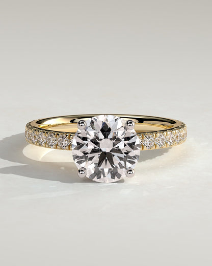 Charlie - Round Claw Solitaire with Hidden Halo and Pave Band Engagement Ring - Yellow Two-Tone