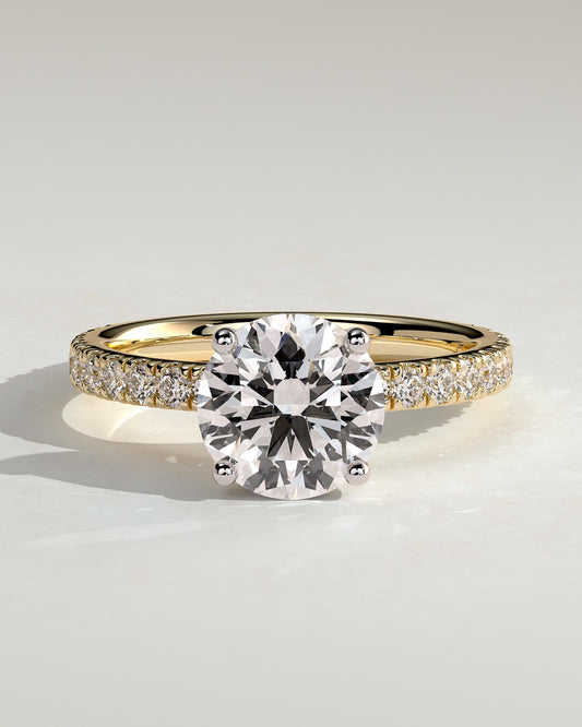 Charlie - Round Claw Solitaire with Hidden Halo and Pave Band Engagement Ring - Yellow Two-Tone