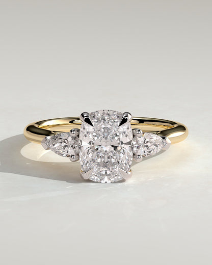 Cataleya - Elongated Cushion Claw Trilogy with Pear Side Stones and Cathedral Setting Engagement Ring - Yellow Two-Tone