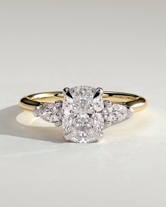 Cataleya - Elongated Cushion Claw Trilogy with Pear Side Stones and Cathedral Setting Engagement Ring - Yellow Two-Tone
