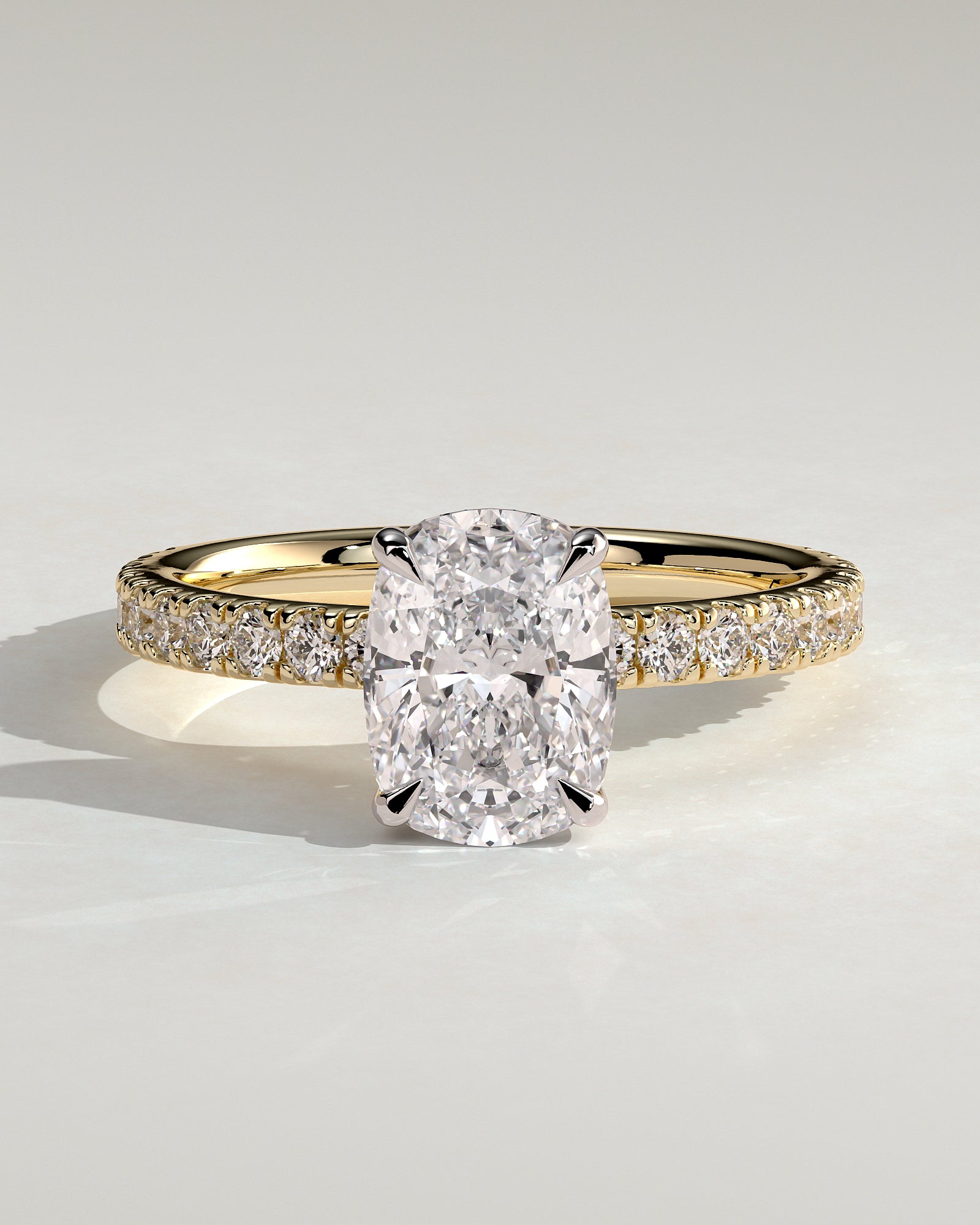 Camilla - Elongated Cushion Claw Solitaire with Hidden Halo and Pave Band Engagement Ring - Yellow Two-Tone - Yellow Two-Tone 2ct