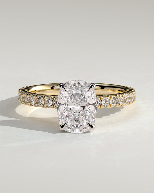 Camilla - Elongated Cushion Claw Solitaire with Hidden Halo and Pave Band Engagement Ring - Yellow Two-Tone