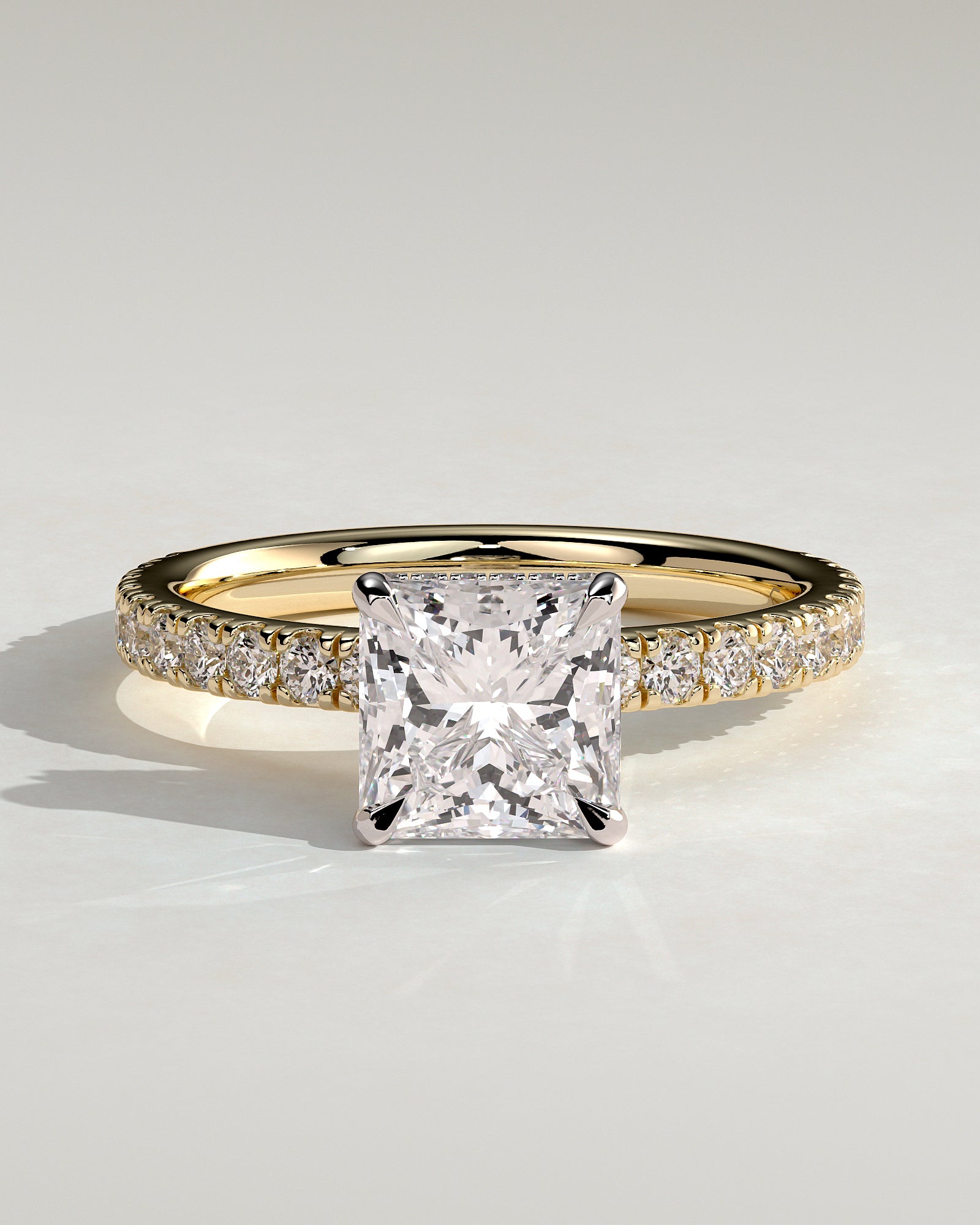 Brooklyn - Princess Claw Solitaire with Wrap Around Hidden Halo and Pave Band Engagement Ring - Yellow Two-Tone - Yellow Two-Tone 2ct