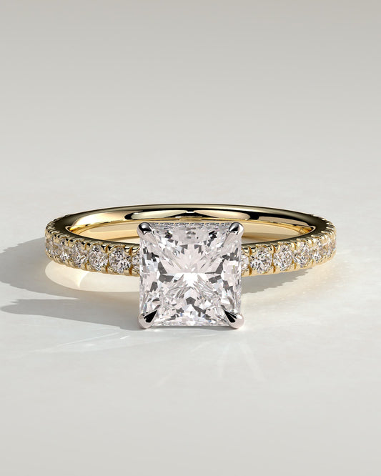 Brooklyn - Princess Claw Solitaire with Wrap Around Hidden Halo and Pave Band Engagement Ring - Yellow Two-Tone