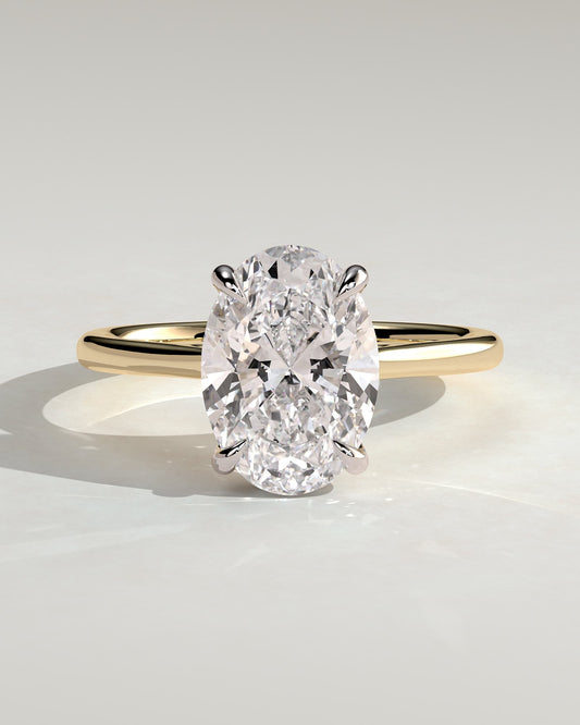 Bethany - Oval Claw Solitaire with Hidden Halo, Tapered Band and Cathedral High Setting Engagement Ring - Yellow Two-Tone