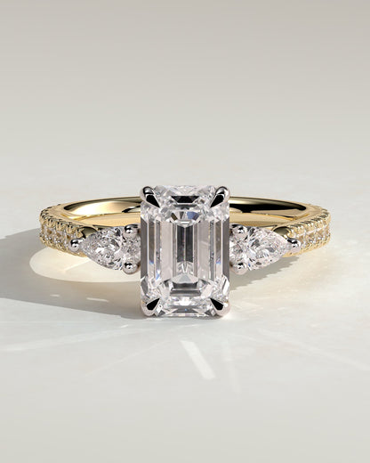 Autumn - Emerald Claw Trilogy with Pear Side Stones and Pave Band Engagement Ring - Yellow Two-Tone