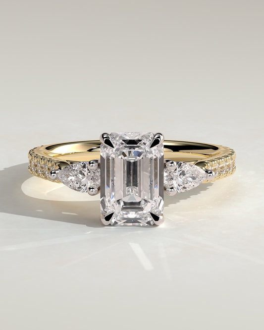 Autumn - Emerald Claw Trilogy with Pear Side Stones and Pave Band Engagement Ring - Yellow Two-Tone