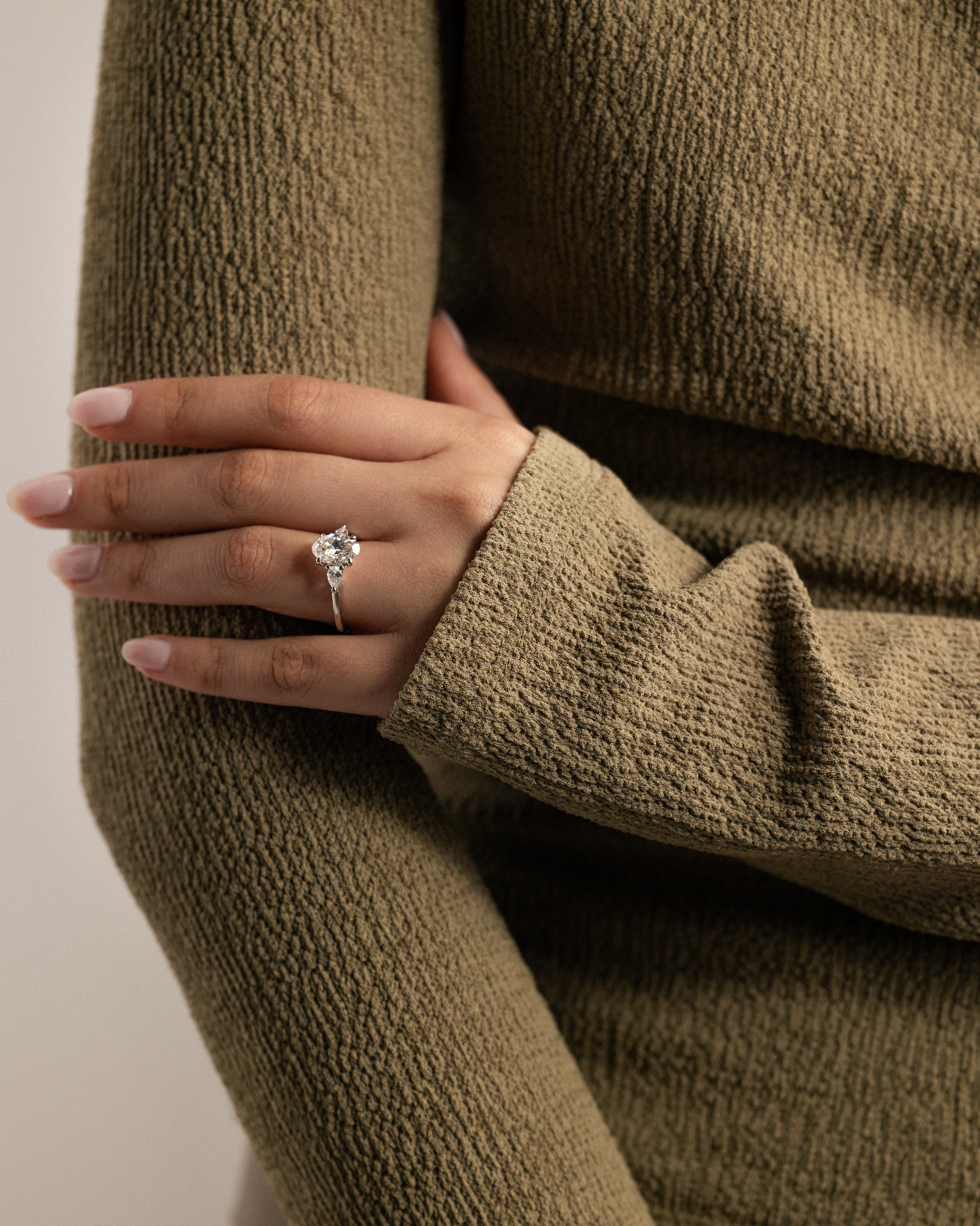 Amara - Oval Claw Trilogy with Pear Side Stones and Open Trellis Gallery Engagement Ring - Yellow Gold - yellow gold - Lara Jewels