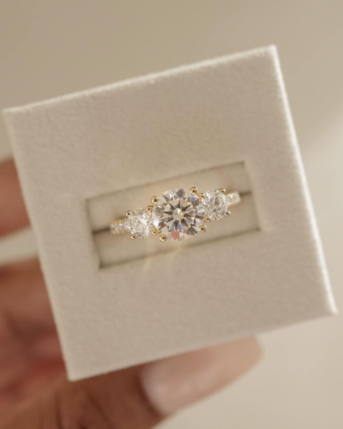 Ella - Round Claw Trilogy with Round Side Stones, Pave Band and Trellis Gallery  Engagement Ring - Yellow Gold
