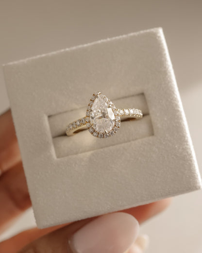 Kirsten - Pear Claw Solitaire with Pave Band and Halo and Low Setting Engagement Ring - Yellow Gold