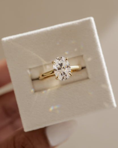 Olivia - Oval Claw Solitaire with Cathedral Low Setting and Open Trellis Gallery Engagement Ring - Yellow Gold