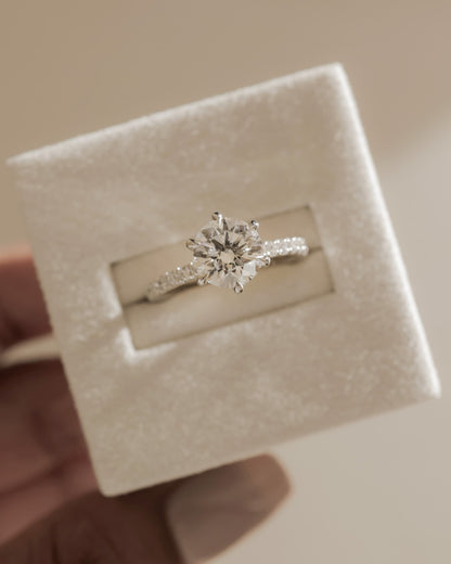 Siobhan - Round Claw Solitaire with Hidden Halo, Pave Collar and Pave Band Engagement Ring - Platinum