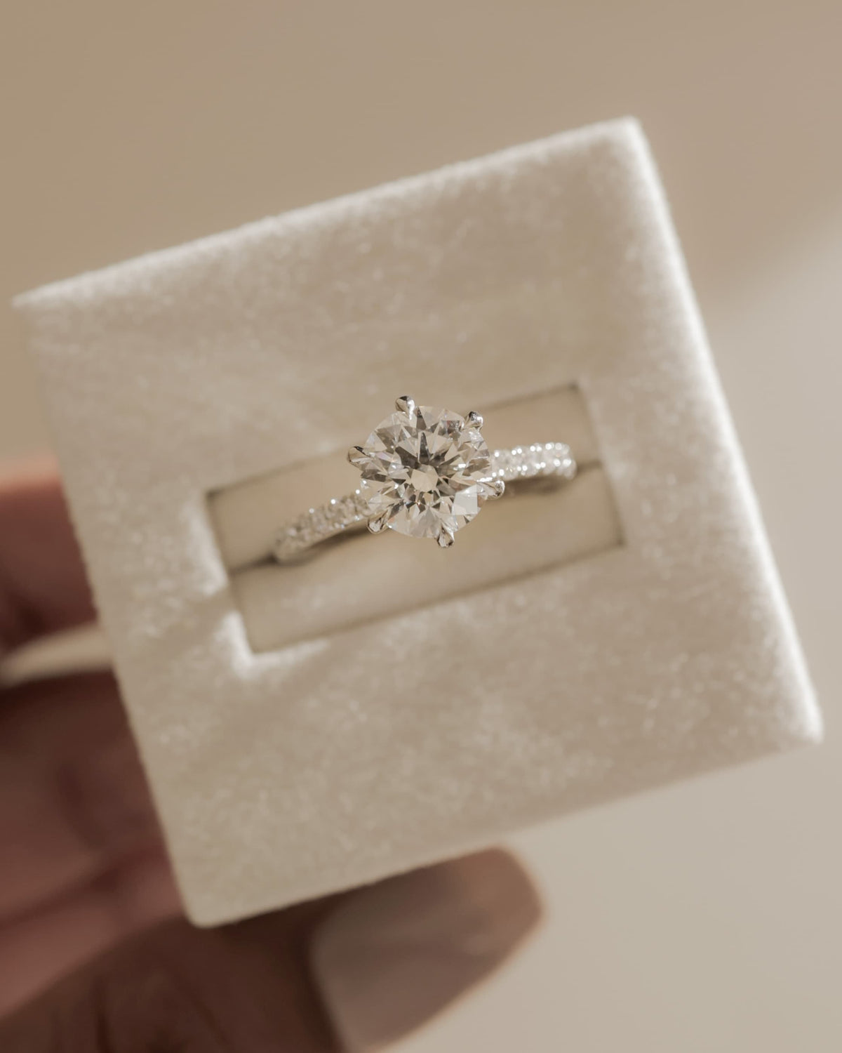 Siobhan - Round Claw Solitaire with Hidden Halo, Pave Collar and Pave Band Engagement Ring - White Gold