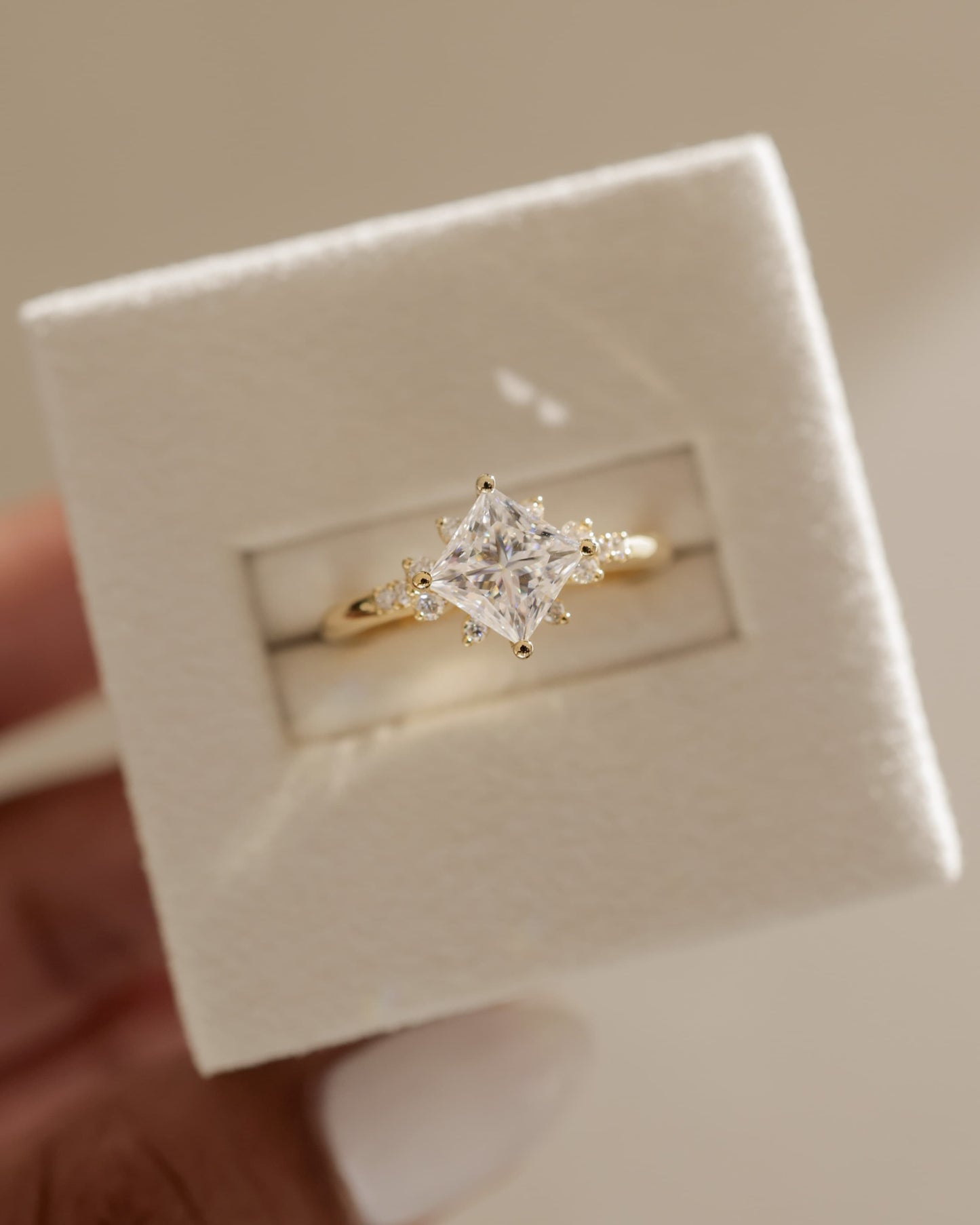 Sophia - Princess Claw Solitaire with Angled Setting and Clustered Round Shoulder Stones Engagement Ring - Platinum