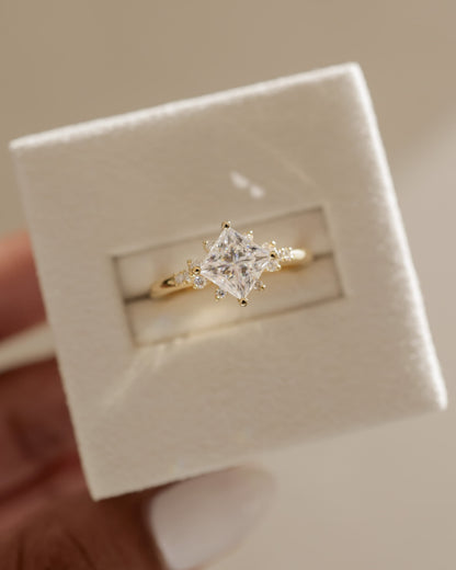 Sophia - Princess Claw Solitaire with Angled Setting and Clustered Round Shoulder Stones Engagement Ring - Platinum