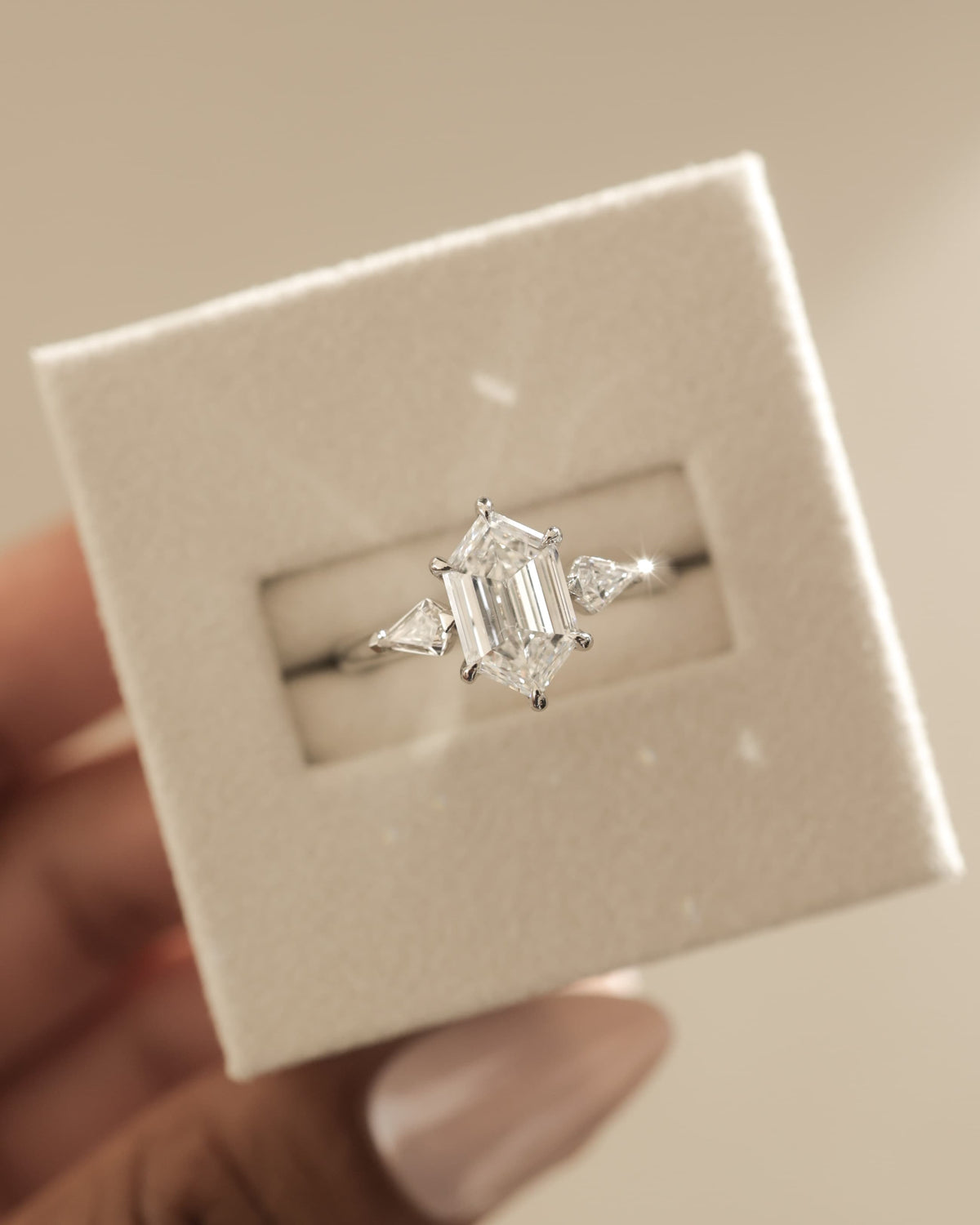 Wanda - Elongated Hexagon Claw Trilogy with Kite Side Stones Engagement Ring - White Gold