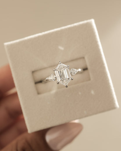 Wanda - Elongated Hexagon Claw Trilogy with Kite Side Stones Engagement Ring - White Gold
