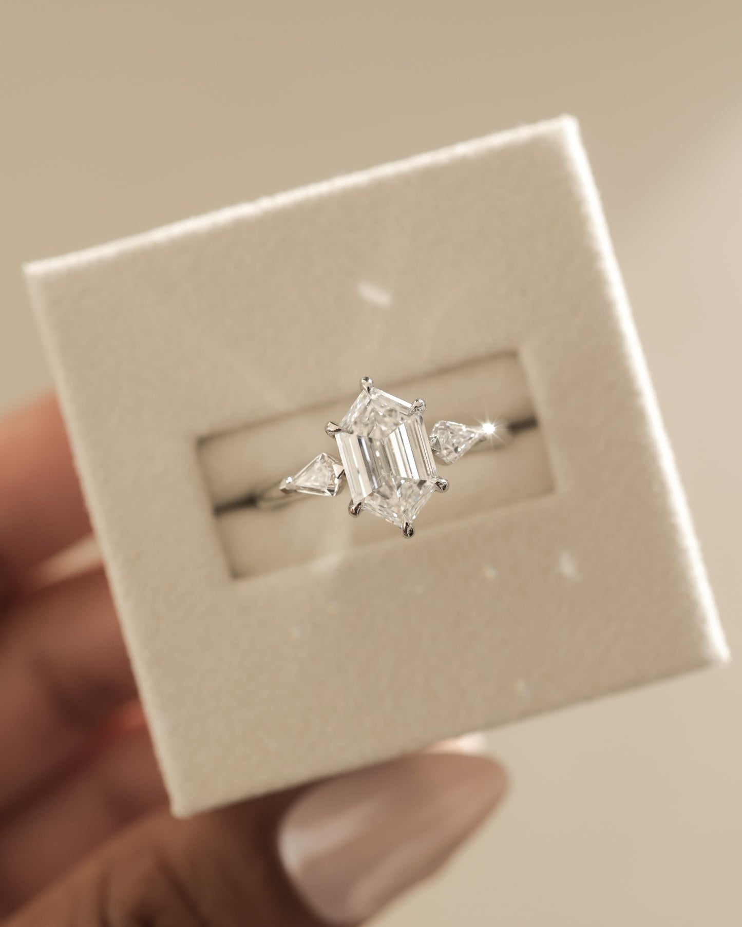 Wanda - Elongated Hexagon Claw Trilogy with Kite Side Stones Engagement Ring - Yellow Gold