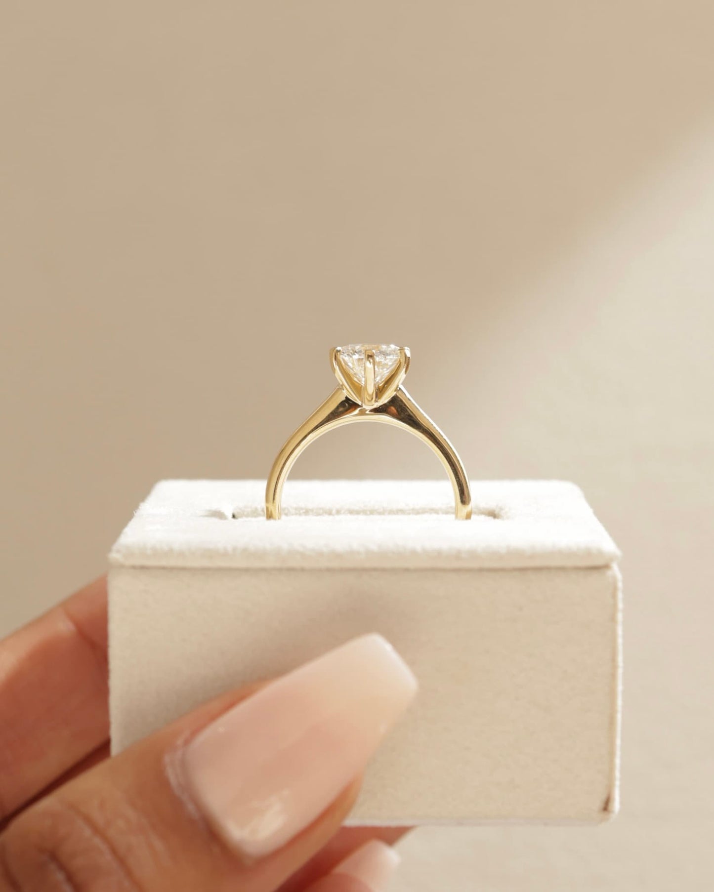 Gabrielle - Round Claw Solitaire with Square Tips and Solid Cathedral High Setting Engagement Ring - Yellow Gold