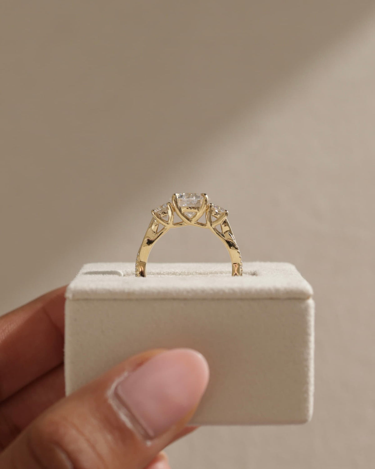 Jaylene - Round Claw Trilogy with Round Side Stones, Twisted Pave Band and Trellis Gallery Engagement Ring - Yellow Gold