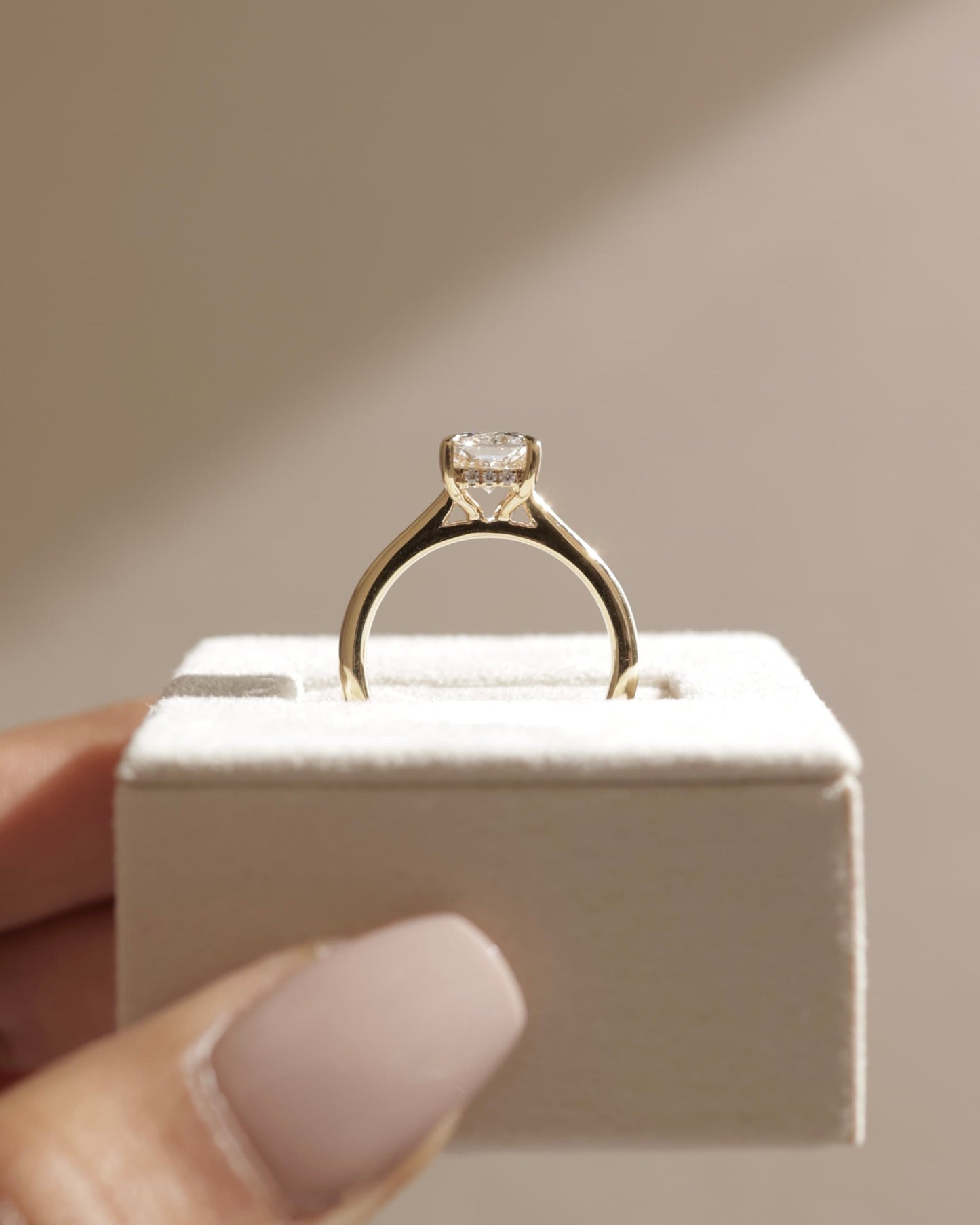 Ari - Radiant Claw Solitaire with Hidden Halo, Tapered Band and Cathedral High Setting Engagement Ring - Yellow Gold - yellow gold - Lara Jewels