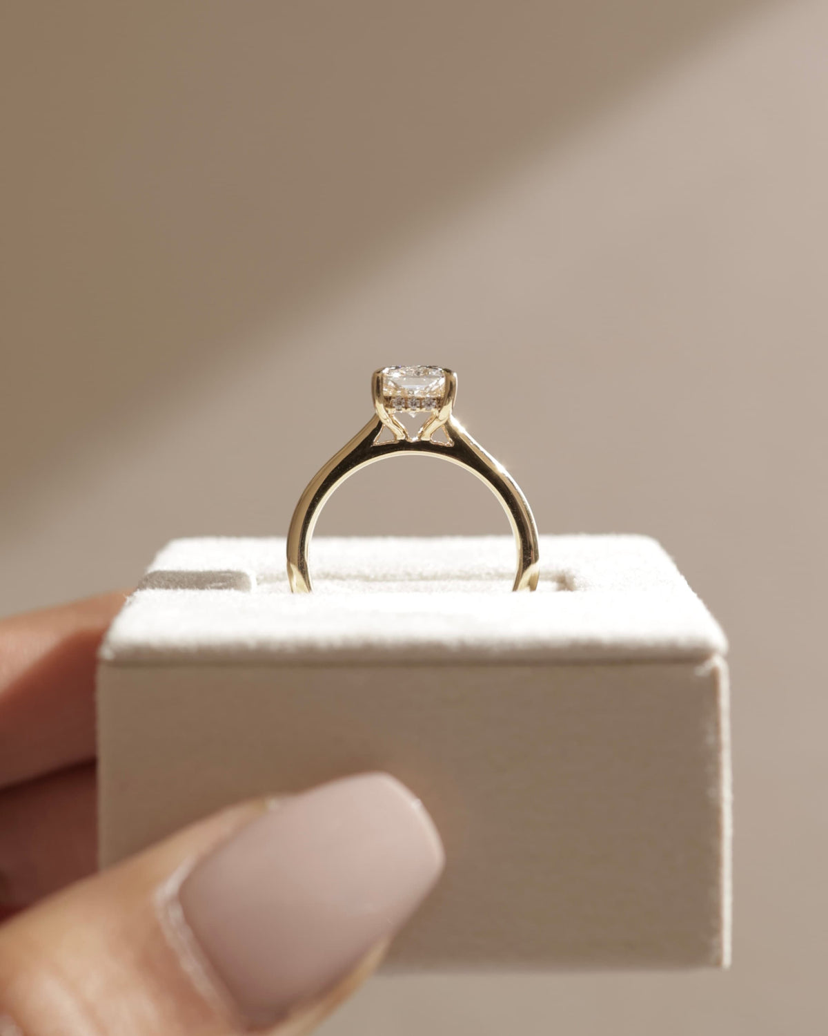 Ari - Radiant Claw Solitaire with Hidden Halo, Tapered Band and Cathedral High Setting Engagement Ring - Yellow Gold - yellow gold - Lara Jewels