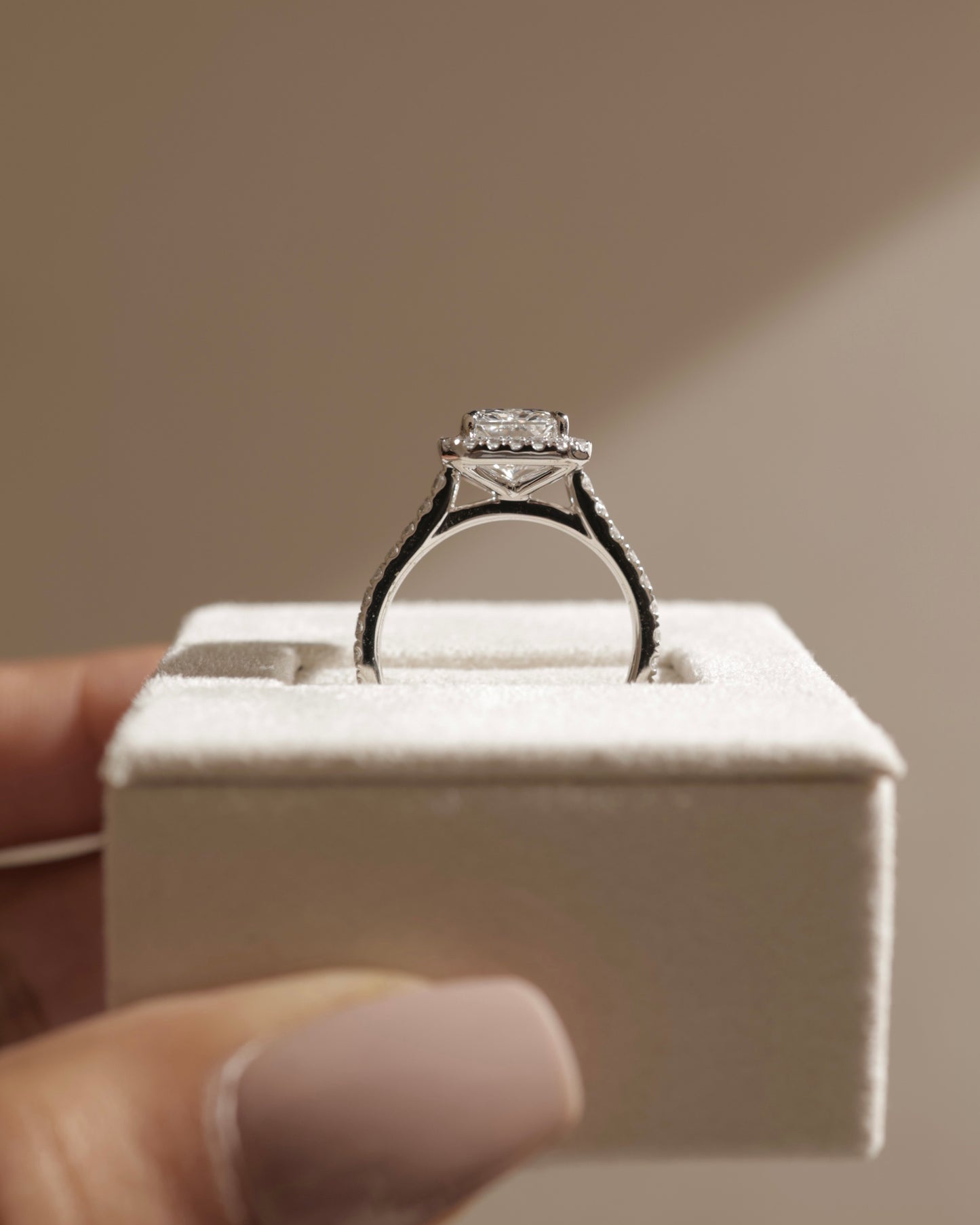 Clementine - Radiant Claw Solitaire with Halo and Pave Band and Cathedral High Setting Engagement Ring - Platinum - Lifestyle