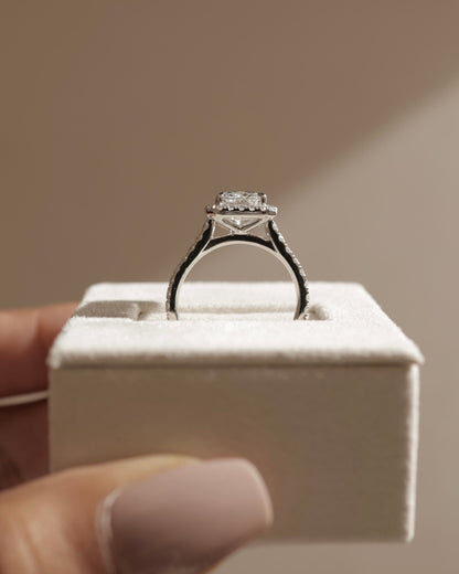 Clementine - Radiant Claw Solitaire with Halo and Pave Band and Cathedral High Setting Engagement Ring - White Gold