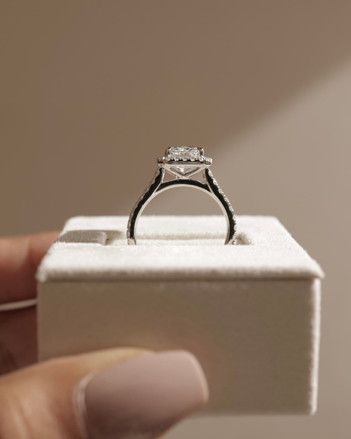 Clementine - Radiant Claw Solitaire with Halo and Pave Band and Cathedral High Setting Engagement Ring - Rose Gold