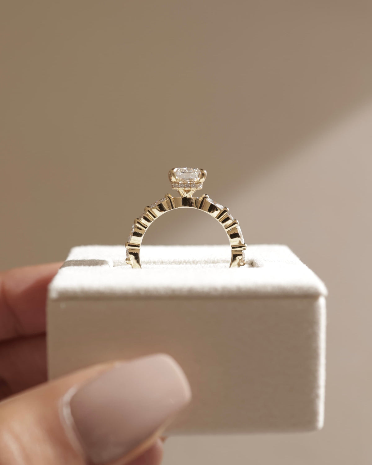Kyla - Radiant Claw Solitaire with Marquise-Round Accent Stones and Wrap Around Hidden Halo Engagement Ring - Yellow Gold