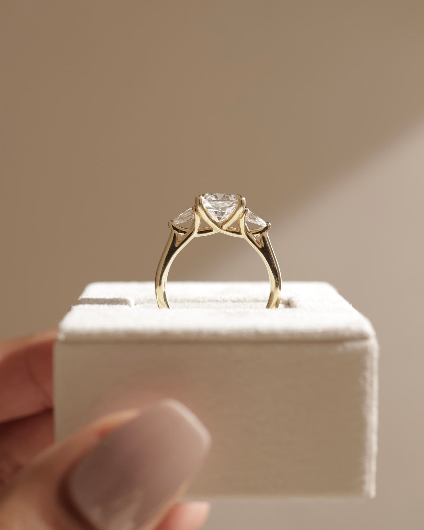 Selena - Cushion Claw Trilogy with Pear Side Stones and Open Trellis Gallery Engagement Ring - Yellow Gold