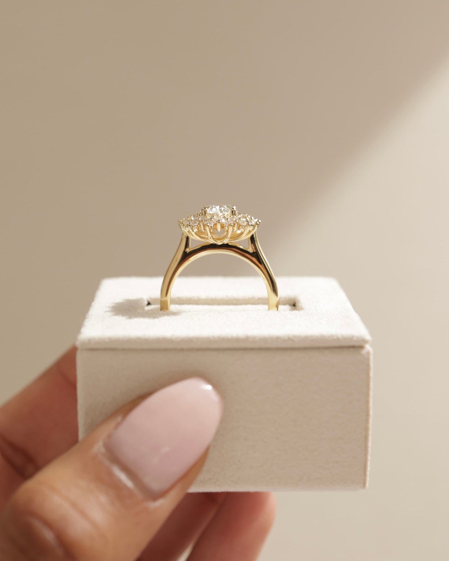 Savannah - Oval Claw Solitaire with Double Sunburst Halo and Cathedral High Setting Engagement Ring - White Gold