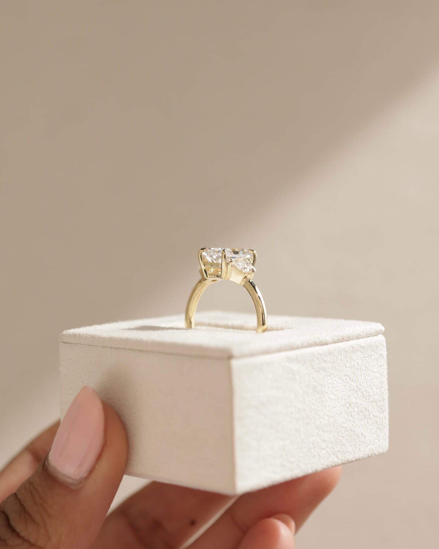 Juliette - Radiant Claw Trilogy with Trapezoid Side Stones and Low Setting Engagement Ring - Yellow Gold
