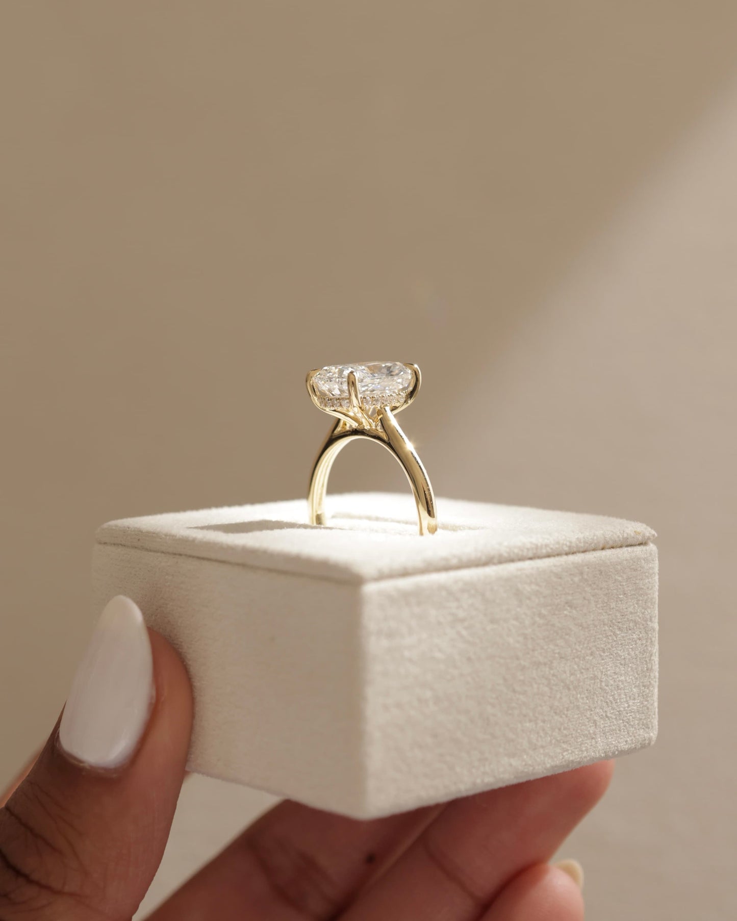 Wendy - Elongated Cushion Claw Solitaire with Hidden Halo, Tapered Band and Cathedral High Setting Engagement Ring - Rose Gold
