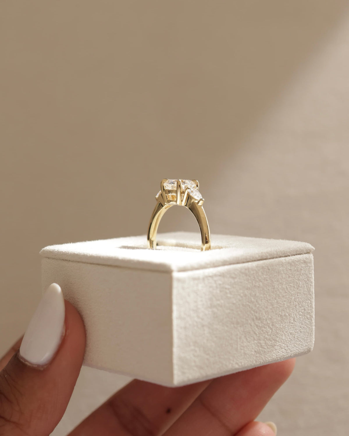 Halle - Round Claw Trilogy with Pear Side Stones and Knife Edge Band Engagement Ring - Rose Gold